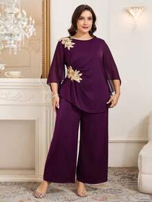 Reflora 大码女式缀饰喇叭袖衬衫和阔腿裤优雅两件套 - 紫色 - 查看 7