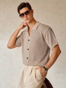 RONVEXI 男士夏季度假款前开襟镂空针织衬衫 - 杏色 - 查看 1