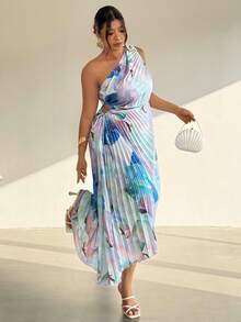 Firerie 大码极简印花不对称肩部连衣裙 - 彩色 - 查看 1