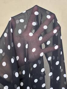 Auralis 大码女式波点印花不对称下摆宽松蝙蝠袖上衣/圆领方巾式披肩上衣/黑白波点薄纱飘逸休闲度假上衣/防晒上衣/长款上衣 - 黑與白 - 查看 7