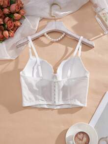 1件女士花卉蕾丝拼接吊带文胸，无缝钢圈文胸，可作内搭或外穿 - 白色 - 查看 9