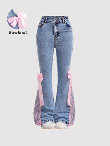 Girlism 少女粉色丝带蝴蝶结蕾丝蓝色牛仔弹力修身喇叭裤 - 中等水洗藍 - 查看 3