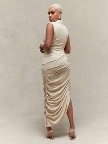 Vixey Pointed Collar Open V Neck Asymmetrical Draped Midi Dress - Apricot - View 2