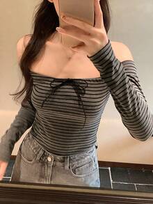 DAZY 女士露肩条纹系带修身休闲长袖衬衫，百搭又性感 - 黑色 - 查看 1