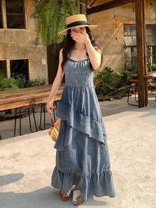 DAZY Đầm denim dây đeo xếp ly thanh lịch dành cho nữ, đầm hè chống nắng cho nữ - Rửa trung bình - Xem 5