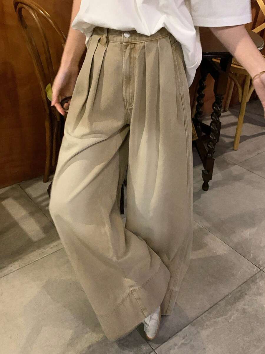 DAZY 女士常规腰围宽松褶皱阔腿牛仔裤，休闲水洗宽松版型牛仔裤 - 卡其色 - 查看 1