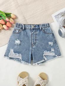 SHEIN Tween Girls' Light Blue Distressed Frayed Elastic Waist Simple Casual Washed Denim Shorts - Baby Blue - View 1