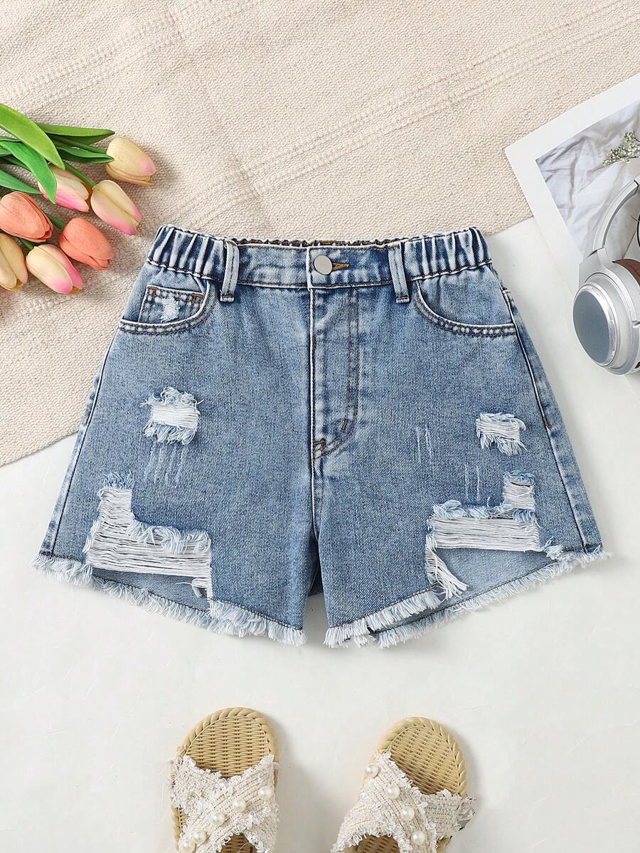 SHEIN Tween Girls' Light Blue Distressed Frayed Elastic Waist Simple Casual Washed Denim Shorts - Baby Blue - View 1
