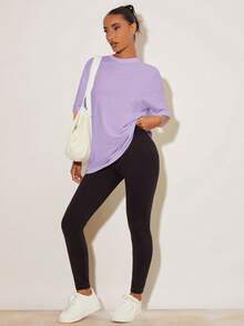 SHEIN BASICS 女款素色圓領落肩休閒寬鬆T恤夏季上衣 - 淡紫色 - 查看 6