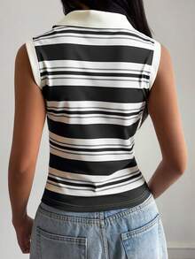 DAZY Áo tank top cổ bẻ kẻ sọc nữ, kiểu dáng thường ngày, phong cách mùa hè Y2K - màu đen - Xem 2