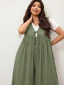 Enliva Macacão feminino plus size de pernas largas com amarração frontal e bolsos, modelagem solta, ideal para corpo tipo maçã/Ano Novo (2026), perfeito para o verão. - Verde de Exercício - Ver 7