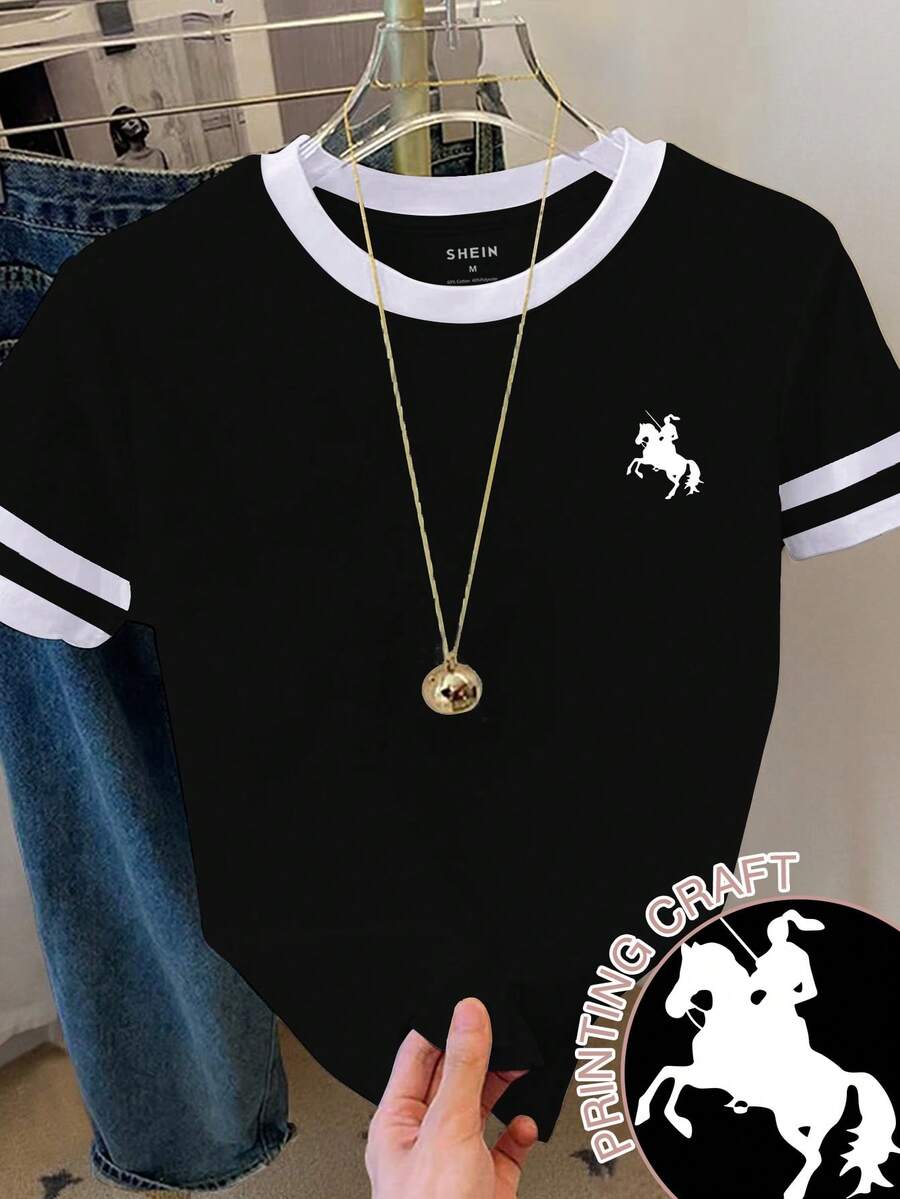 Resyla Women's Casual Patchwork Knight Print Round Neck T-Shirt, Summer - Black - View 1