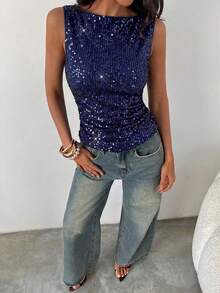 Aloruh Women's Sequin Crew Neck Sleeveless Bodycon Tank Top For Party, Christmas, New Year - Navy Blue - View 6