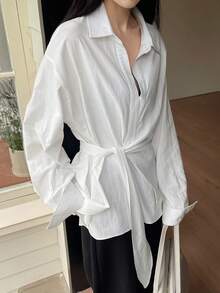 DAZY Áo kiểu nữ cổ ve lật, dáng rộng, tay dài, thắt nơ bên hông, phong cách thành thị, thường ngày, đi nghỉ mát. - trắng - Xem 5