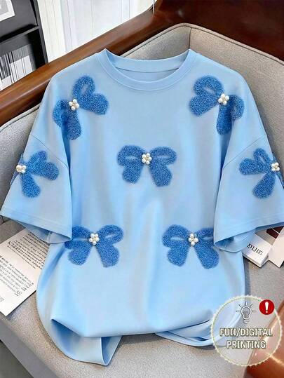 Franclia 3D Realistic Bow & Pearl Graphic Print Round Neck Women T-Shirt