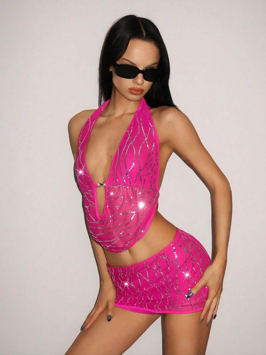 SHEIN ICON 2pcs/Set Fitted Sequin Fringe Draped Neck Crop Top And Bodycon Mini Skirt - Hot Pink - View 1