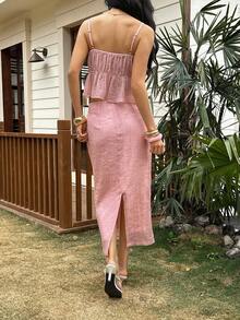 Livesso Spring & Summer Textured Pink Camisole Top And Bodycon Skirt Set, Ruffled Hem, Elegant For Valentine's Day, Wedding, Casual, Beach, Commute - Pink - View 4