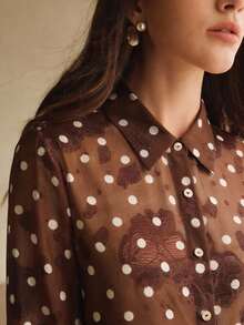 Anewsta Women's New Retro Modern Elegant Urban Polka Dot Jacquard Sheer Lightweight Blouse - Coffee Brown - View 1
