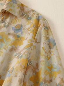 SHEIN LUNE 女士腰部系带前扣碎花长款休闲连衣裙，夏季 - 黃色 - 查看 6