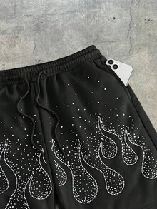 AXEPEAK 男士水钻装饰斜插口袋抽绳腰休闲短裤 - 黑色 - 查看 3