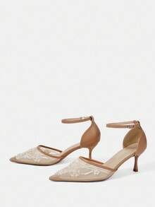 CUCCOO HITCHD 女士鞋履春夏新款珍珠刺绣尖头细跟搭扣6.5cm高跟鞋优雅网面拼接纯色通勤约会婚礼伴娘鞋 - 卡其色G - 查看 3