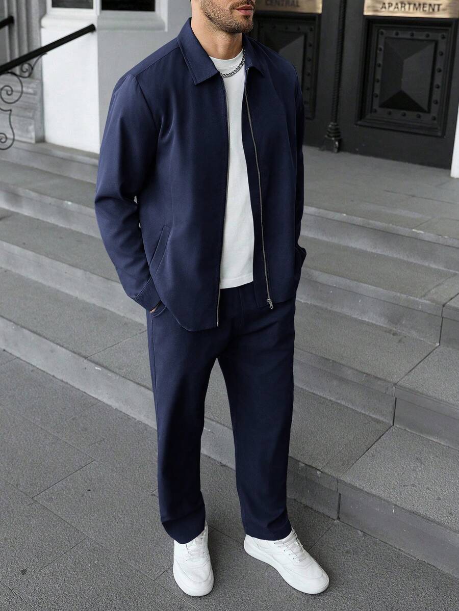 Manfinity Homme Conjunto de chaqueta con cremallera y pantalones largos con cordón en la cintura, unicolor minimalista para uso casual y de oficina para hombres, primavera/otoño - Azul Marino - Ver 1