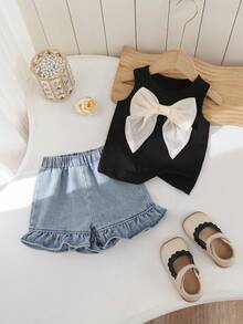 SHEIN Baby Girls' Black Summer Top With Bow Tie And Denim Ruffle Shorts Set 2pcs,Cute Holiday Short Sleeve Outfits,Rainbow Embroidered Casual Clothes Set - Multicolor - View 2