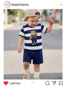 SHEIN 2件套男婴/中性婴幼儿0-3岁休闲撞色条纹小熊图案印花圆领短袖T恤和短裤套装，适合春夏、日常、户外、居家穿着，百搭时尚。 - 彩色 - 查看 8