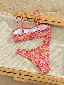Swim Vcay 2件套新款随机印花可调节肩带性感优雅度假比基尼泳装套装，适合海滩、泳池、派对等场合。 - 彩色 - 查看 2
