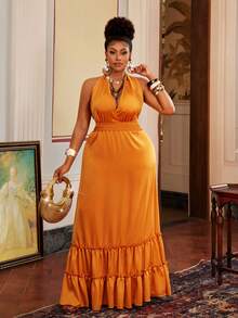 Maweii Plus Size Mustard Yellow Maxi Dress,Sleeveless Backless Drawstring Waist Shirred Solid Summer Tropical Holiday Elegant Casual Dress For Parties,Dates - Yellow - View 3