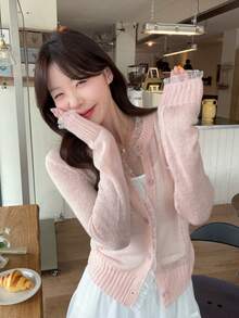 DAZY Women's Pink Soft & Sweet Ruffled Hem Korean Style Long Sleeve Knit Sweater - Baby Pink - View 4