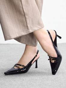CUCCOO BIZCHIC 女士鞋履春秋新款法式小方头细高跟黑色搭扣露跟简约优雅通勤舒适女式高跟鞋露跟女鞋 - 黑色 - 查看 5