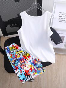 Bộ 2 món đồ mùa hè dành cho bé trai, gồm áo ba lỗ và quần short in hình máy chơi game, nhiều màu sắc, kiểu dáng thường ngày. Chất liệu mềm mại, thoải mái, phù hợp cho việc đi làm hàng ngày và chơi thể thao. - trắng - Xem 2