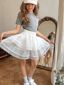 DAZY Tween Girl Elastic Waist Patchwork Bow Embroidery Mesh Double Ruffle Hem Cute A-Line Skirt - White - View 3
