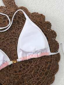 Swim Chiccia 欧美新款跨境露背系带贝壳装饰面料特殊材质女士三件套性感比基尼泳衣上衣海三角可爱比基尼上衣 - 粉色 - 查看 2