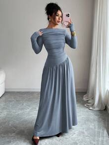 Elenzga 女士牛奶丝针织弹力露肩褶裥前腰A字宽松长袖连衣裙，优雅法式浪漫风格，适合办公室、通勤、街头、冬季等场合，百搭实用 - 霧霾藍 - 查看 6