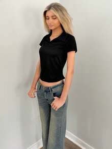 Sydney Algeri Women's Plain Collar Short Sleeve Casual Pleated T-Shirt - Black - View 5