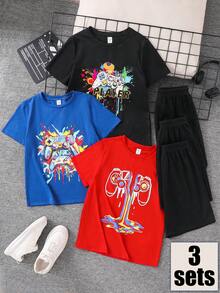 SHEIN 3套幼兒男童電玩印花T恤短褲套裝，紅黑配色夏季街頭風開學穿搭，休閒舒適Y2K套裝 - 彩色 - 查看 4