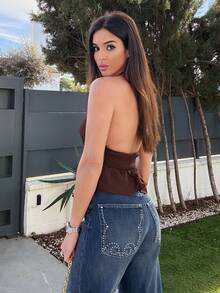 Maca Silvats 女士性感纯色露背吊带上衣，夏季 - 咖啡棕 - 查看 2