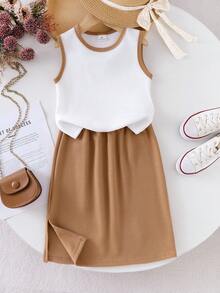 2pcs/Set Young Girls Ivory Ribbed Knit Tank Top And Khaki Skirt, Children Casual Minimalist Daily Outfit, Summer - White - View 5
