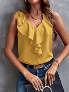 SHEIN Clasi Women's Solid Color Minimalist Sleeveless Shirt With Ruffle Hem, Casual Everyday Wear,Summer Top - Yellow - View 4