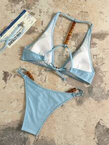 Swim Vcay Women's Elegant Halter Neck Backless Tie Waist Pearl Decor Swimwear Set - Blue - View 2
