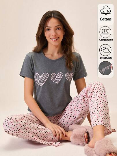 Loomlin Cotton Women 2 Pcs Heart Pattern Round Neck Short Sleeve Top&Sleep Pants Homewear Comfort Lounge Pajama Set For Ladies Heart Print Pajamas Soft Pajamas Set Sleep Wear Women Set Pajama Sets For Women Cute Lounge Wea Pj Sets For Women Short Sleeve Pajama Sets For Women Round Neck Pijama Set For Woman
