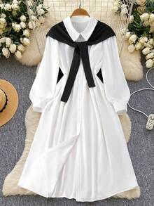 GlowEve CURVE 优雅休闲黑白撞色长袖加大码女式连衣裙 - 黑與白 - 查看 6