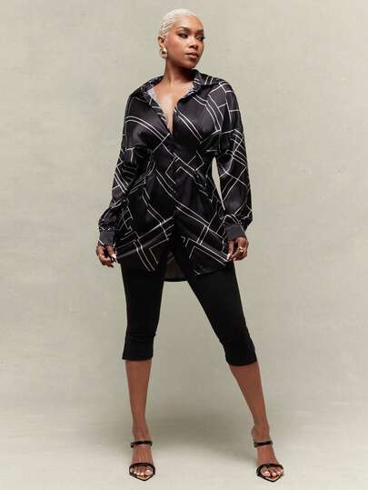 Vixey Satin Geometric Stripe Cinched Waist Pleated Pointed Collar Button Up Shirt