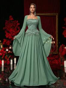 Glamrae Đầm cúp ngực bằng satin sang trọng, thanh lịch với điểm nhấn là đá quý lấp lánh, chân váy chữ A bằng chiffon xếp ly (kèm khăn choàng tay dài có thể tháo rời), thắt eo điều chỉnh được, thích hợp cho các buổi hẹn hò, đám cưới, sự kiện trang trọng, dạ hội. - màu xanh lá - Xem 1