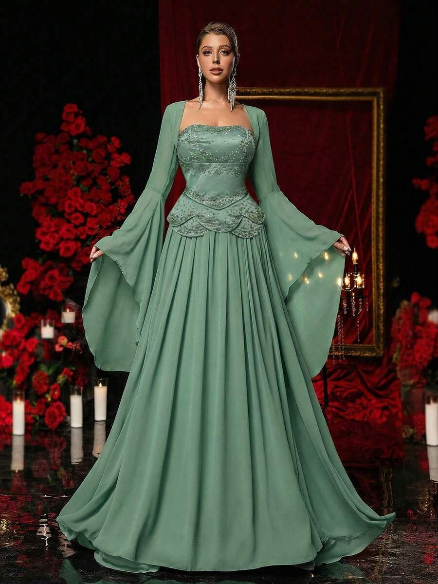 Glamrae Đầm cúp ngực bằng satin sang trọng, thanh lịch với điểm nhấn là đá quý lấp lánh, chân váy chữ A bằng chiffon xếp ly (kèm khăn choàng tay dài có thể tháo rời), thắt eo điều chỉnh được, thích hợp cho các buổi hẹn hò, đám cưới, sự kiện trang trọng, dạ hội. - màu xanh lá - Xem 1