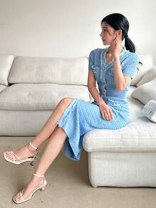 DAZY Women's V-Neck Single-Breasted Bodycon Party Knit Dress - Blue - View 8