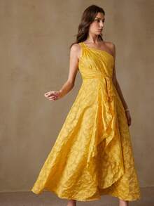 BELROSIE Sweet Vacation Style Asymmetric Shoulder Pleated Ruffle Trim Sleeveless Dress - Yellow - View 3