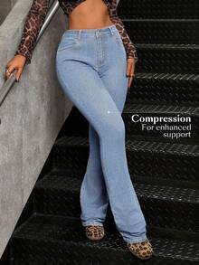 SHEIN Tall 女士休闲百搭中腰修身喇叭牛仔裤，带口袋 - 淺色水洗藍 - 查看 5